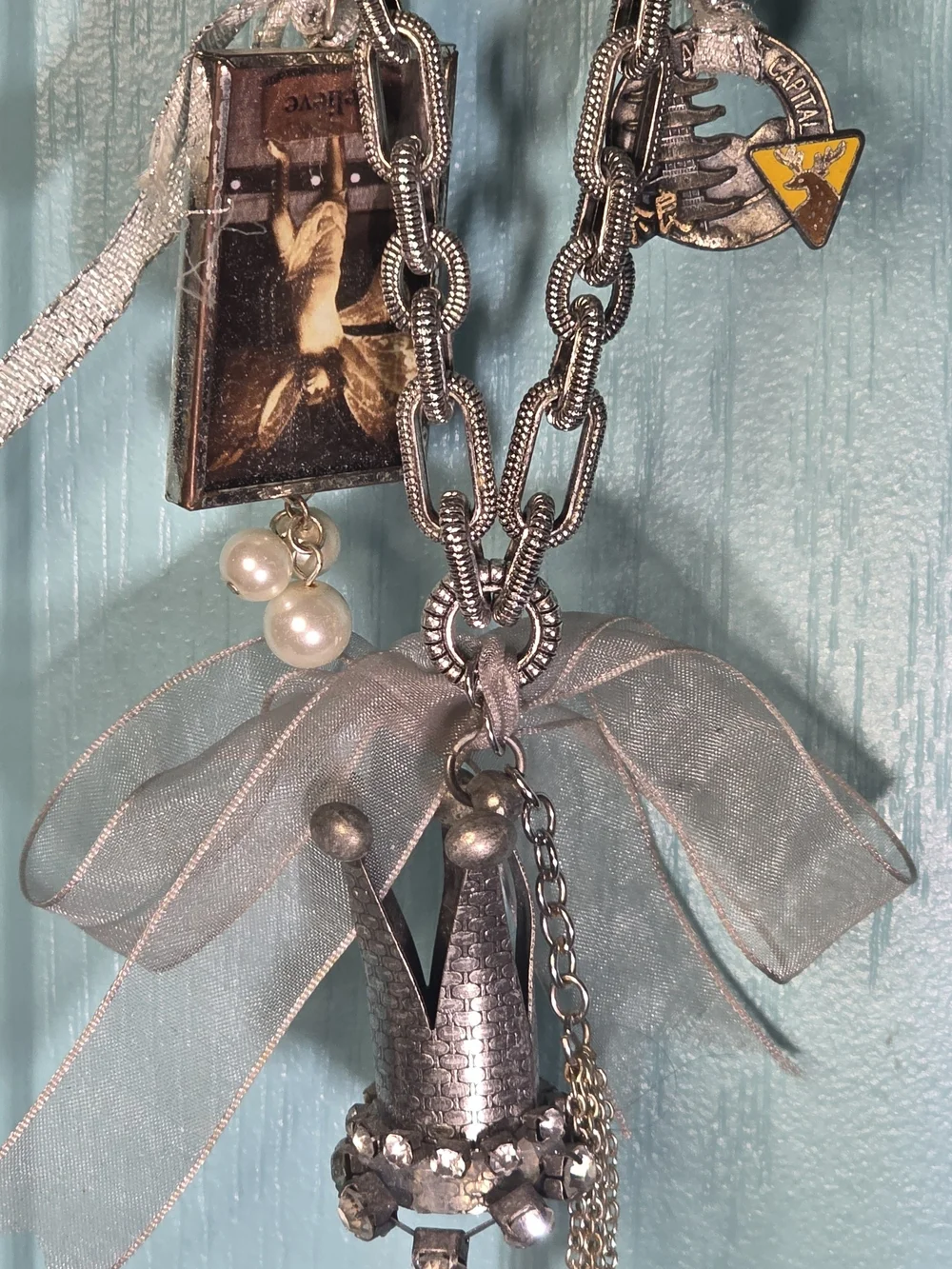 Silver-Tone Charm Necklace with Sheer Gray Bow and Pearl Drops